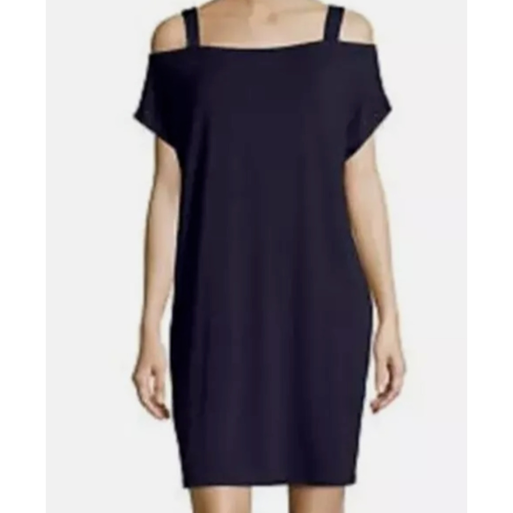 Eileen Fisher Cold Shoulder Dress Large Navy Blue Fine Tencel Jersey Stretch